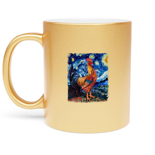 Chicken Farm Farmer Farming Starry Night Painting Metallic Mugs