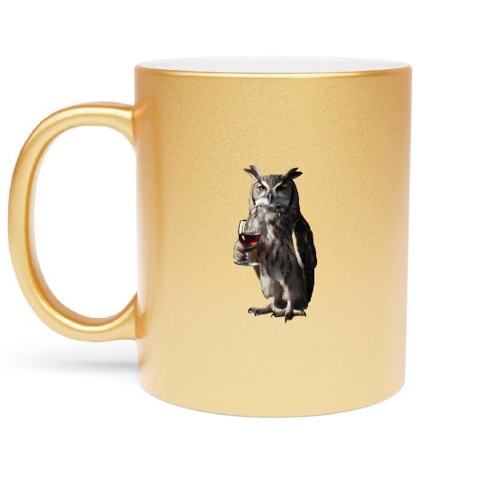 Owl Drinking Wine Realistic Metallic Mugs
