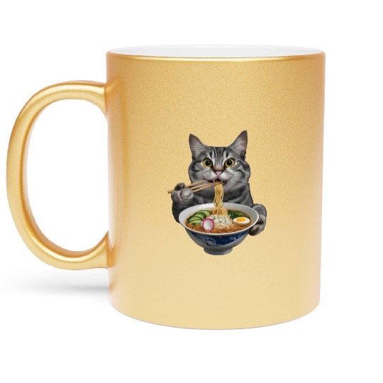 Cat Eating Ramen Realistic Metallic Mugs