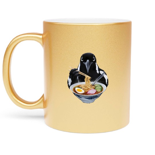 Magpie Eating Ramen Realistic Metallic Mugs