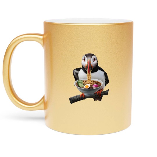 Atlantic Puffin Eating Ramen Realistic Metallic Mugs