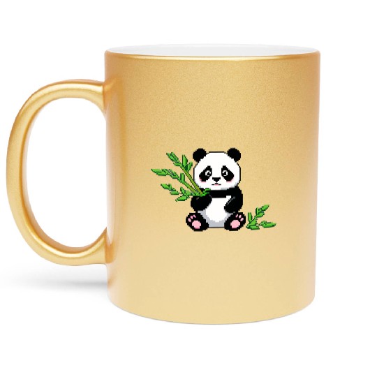 A pixel art of a panda with a bamboo leaf Metallic Mugs