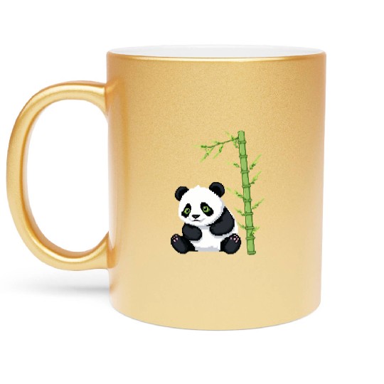 A pixel art of a panda with a bamboo leaf Metallic Mugs