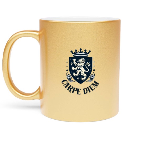 Carpe Diem - Elegant Heraldic Crest With Lion and Metallic Mugs
