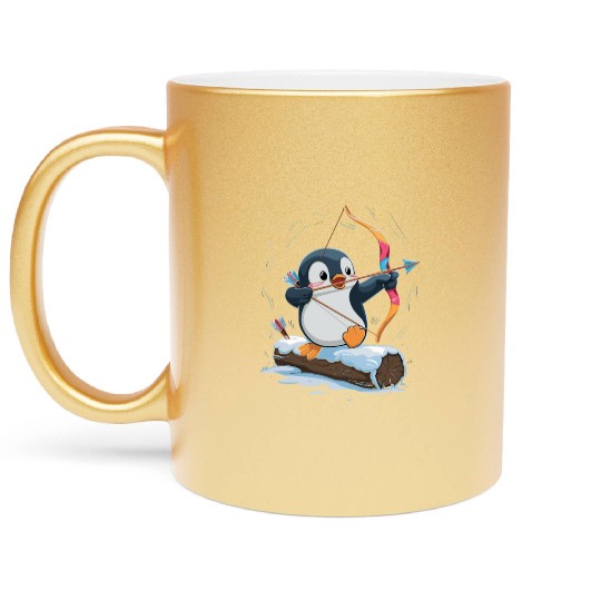 Penguin Archer Aiming in Winter Snow Scene Metallic Mugs