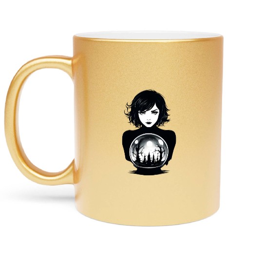 Witchy Woman Gazing into a Crystal Ball Metallic Mugs