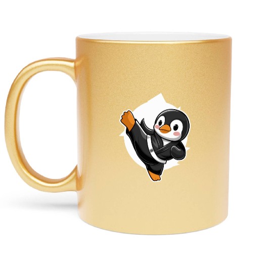 Martial Arts Penguin in Black Belt Uniform Metallic Mugs