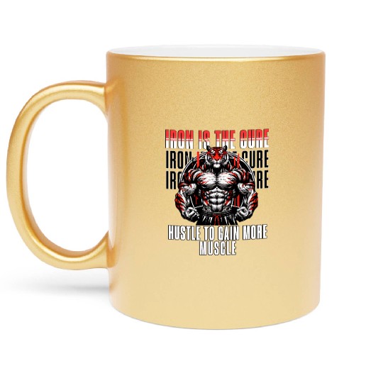 iron is the cure with bodybuliding tiger Metallic Mugs