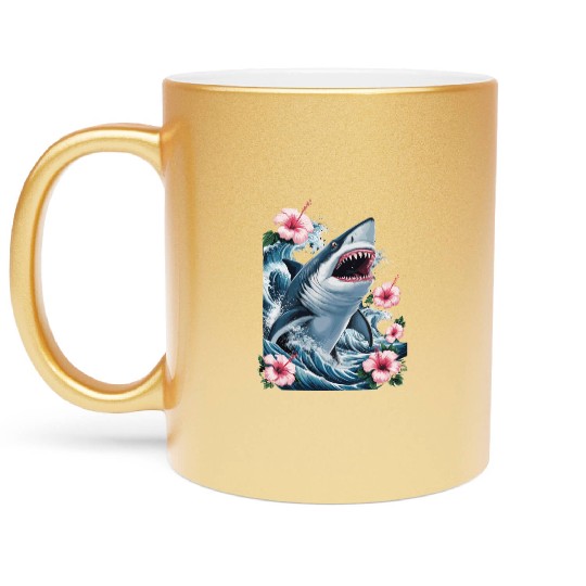 Fierce Shark Amidst Waves and Hibiscus Blooms Metallic Mugs