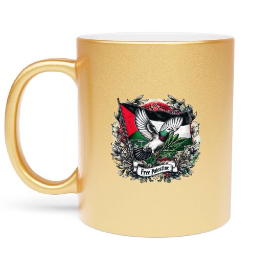 Pigeon holding olive's leaf free Palestine Flag Metallic Mugs