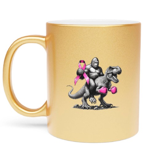 Bigfoot Riding T Rex Dinosaur Breast Cancer Awaren Metallic Mugs