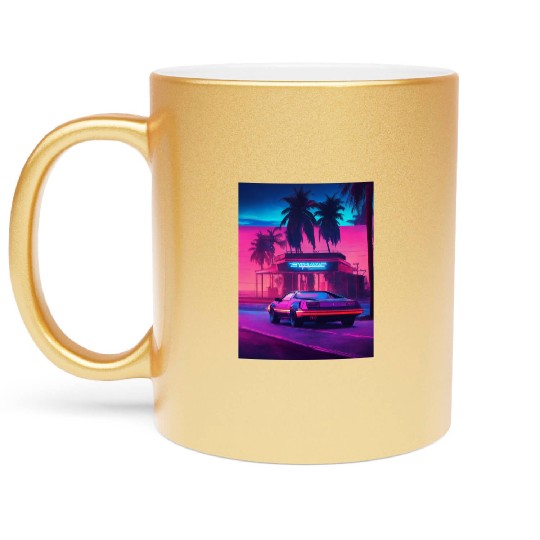 Retro Synthwave Night Drive Metallic Mugs