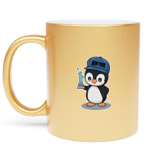 New York Penguin Holding Statue Of Liberty Metallic Mugs
