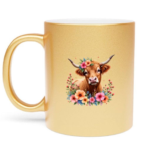 Cute Scottish Highland Cow Floral Metallic Mugs