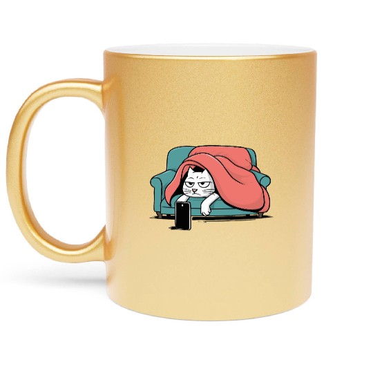 Bored Cat on Couch With Smart Phone Metallic Mugs