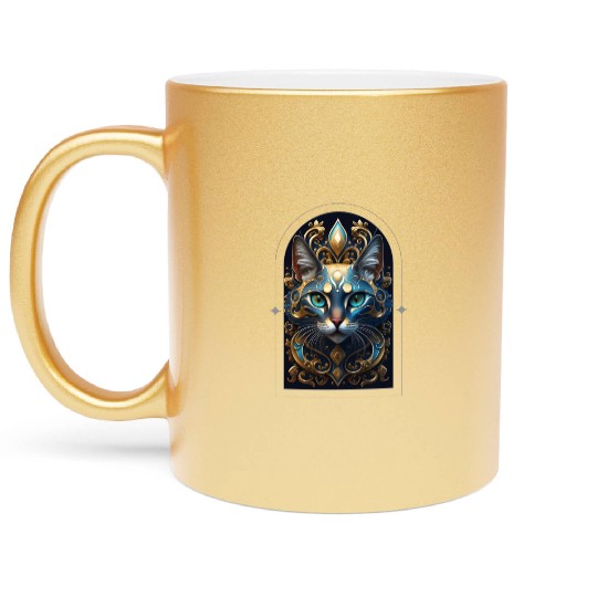 Elegant stylish blue and gold cat face Metallic Mugs