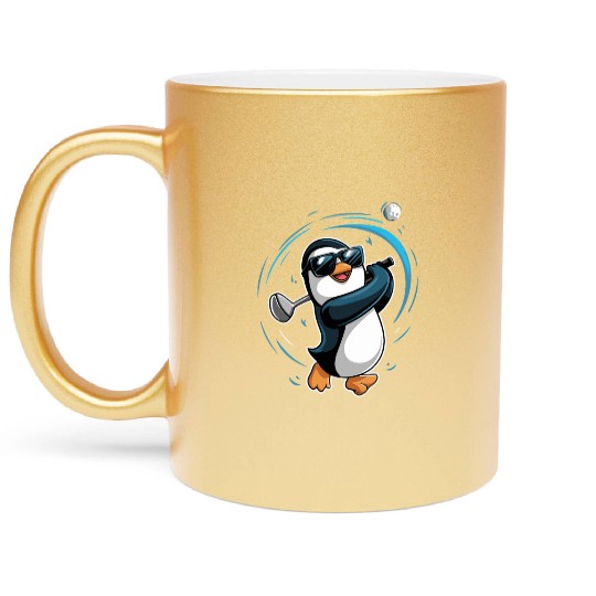 Penguin Golfer Swinging Club Fun Golf Art Metallic Mugs