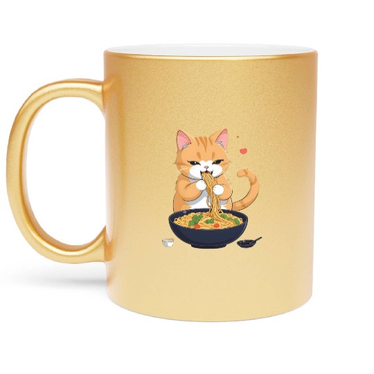 Funny Kawaii Cat Eating Ramen Noodles Japanese Metallic Mugs