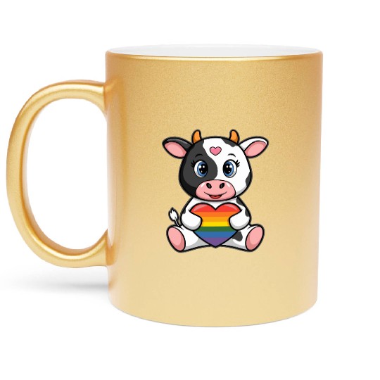 LGTBQ Cow Holding Rainbow Heart Metallic Mugs