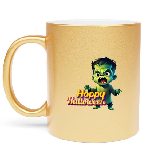 Little Cute Green Zombie Expressing Fear Metallic Mugs
