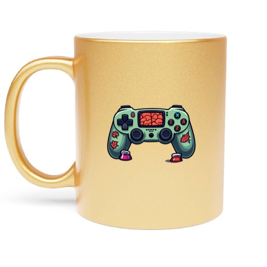 Zombie Brain-Themed Green Controller Metallic Mugs