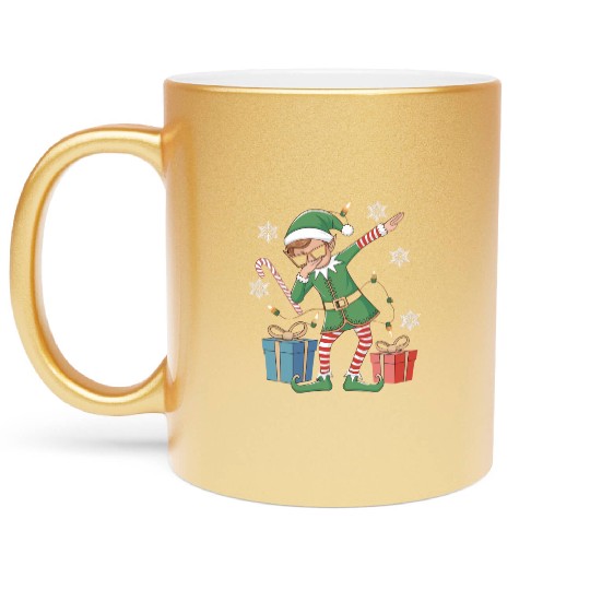 Dabbing Elf with Candy Cane and Gifts Metallic Mugs
