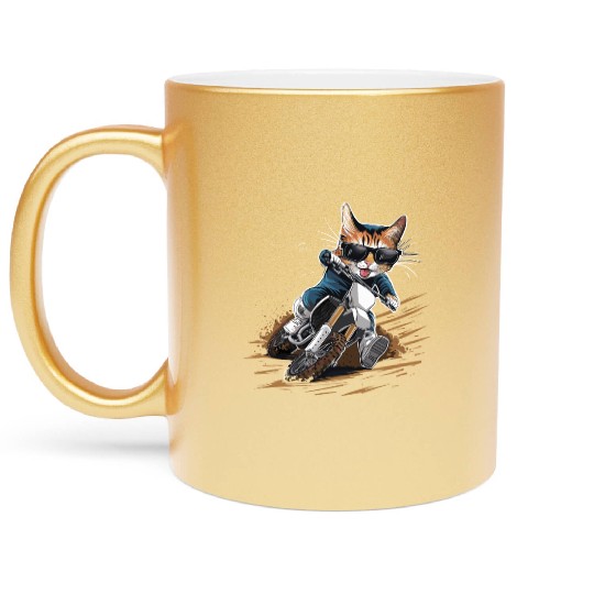 Cat Wearing Sunglasses Riding Dirt Bike Metallic Mugs