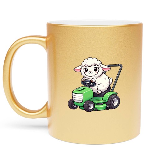 Funny sheep lawn mower farmer lamb grass Metallic Mugs