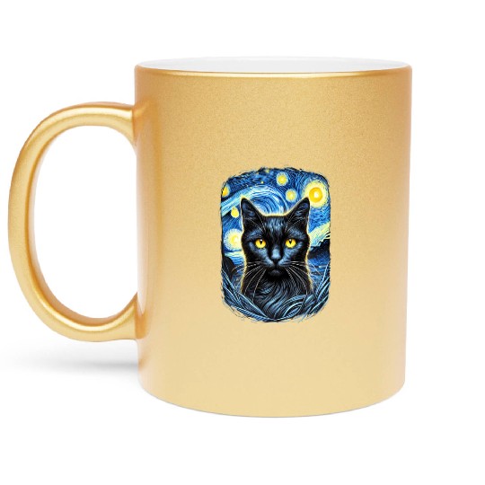 Funny Starry Night Black Cat Van Gogh Art Cat Metallic Mugs