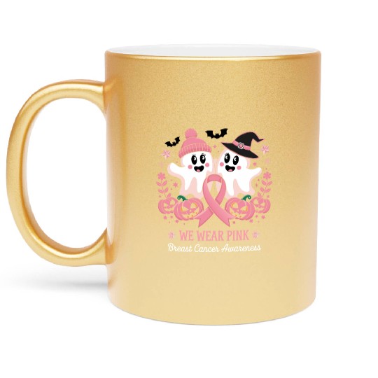 In October Wear Pink Ghost Witch Breast Cancer Metallic Mugs