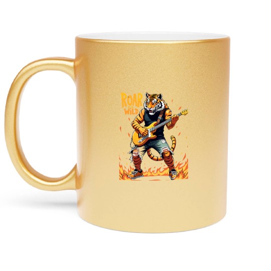 Roaring Guitarist Tiger Plays Electric Guitar Metallic Mugs