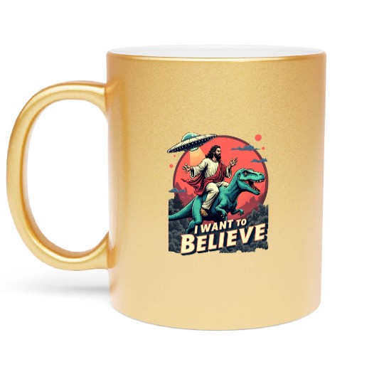 Jesus Riding a Dinosaur with UFO - I Want to Belie Metallic Mugs