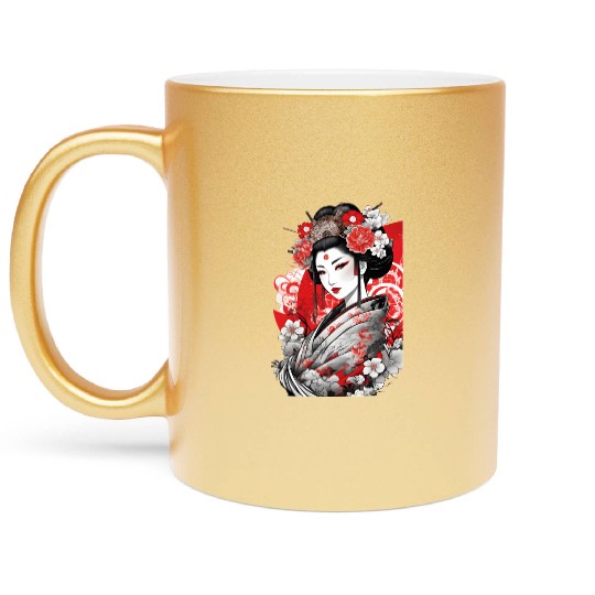 Elegant Geisha with Floral Kimono Metallic Mugs