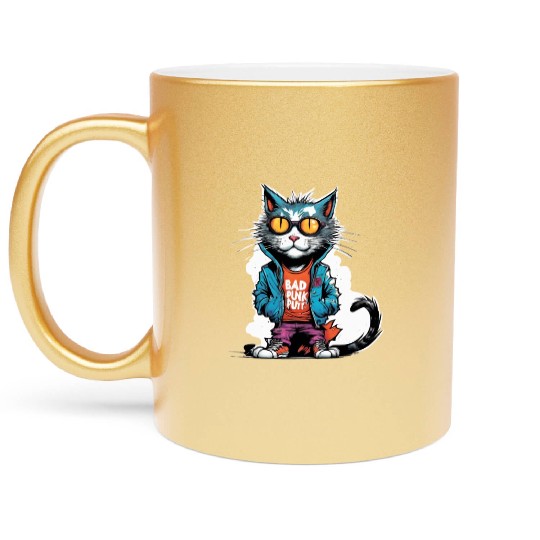 Punk Bad Cat with Sunglasses Metallic Mugs