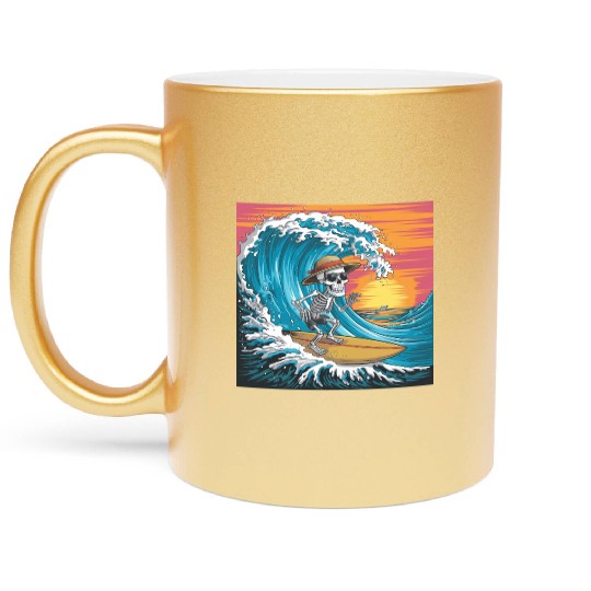 Surfing Skeleton Vibes Surfing Lifestyle Retro Metallic Mugs