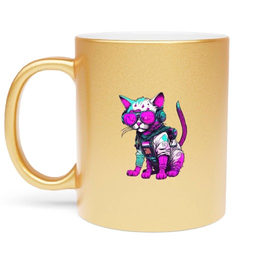 Punk Space Cat with Neon Goggles Metallic Mugs