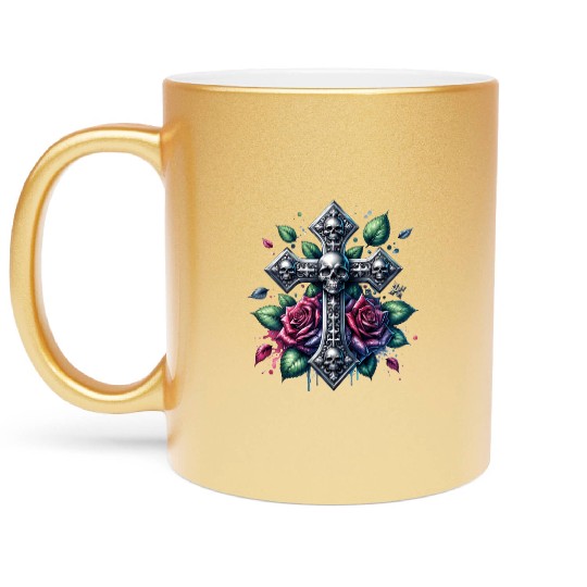 Gothic Collection - Cross, Skulls & Red Roses Metallic Mugs