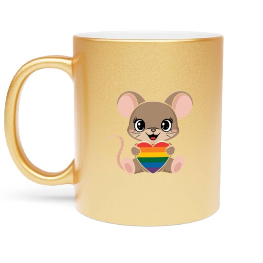 Cute Mouse Holding LGTBQ Rainbow Heart Metallic Mugs