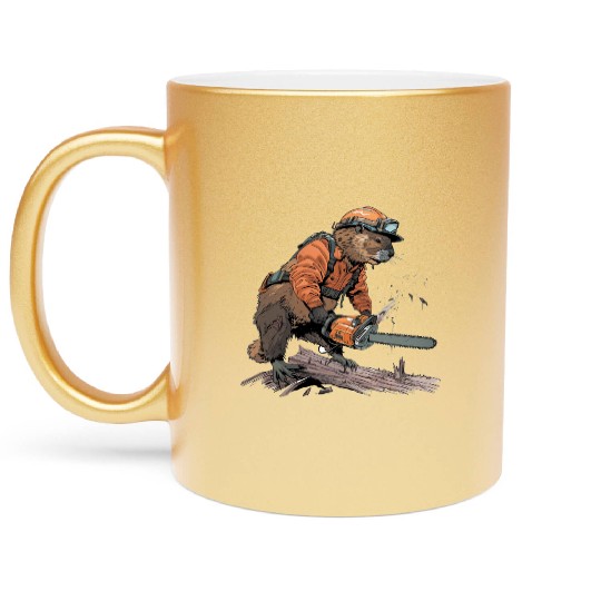 Beaver Lumberjack Chainsaw Metallic Mugs