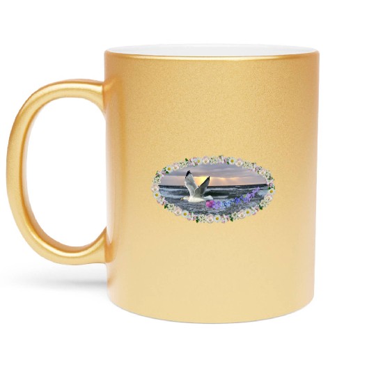 sea beach sunset seagull kitsch flashy magic Metallic Mugs