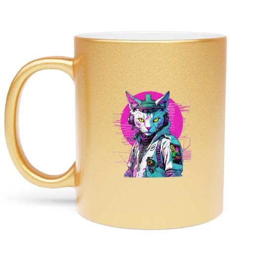 Neon Cyberpunk Warrior Cat Metallic Mugs