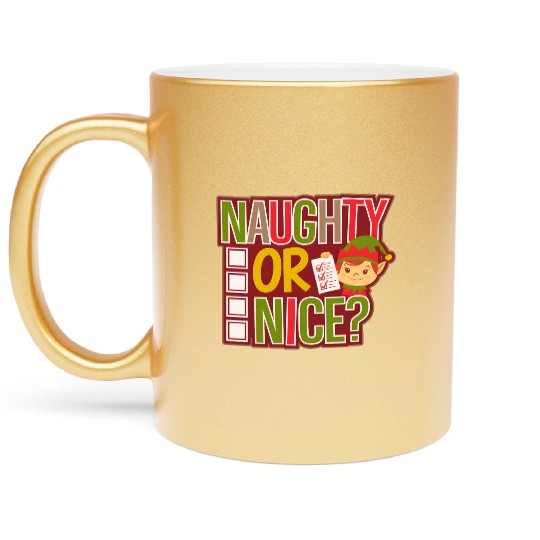 Playful Elf Naughty or Nice Holiday Fun Metallic Mugs