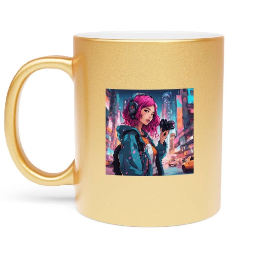 Cyberpunk Pink-Haired Girl - Neon Dreams Metallic Mugs