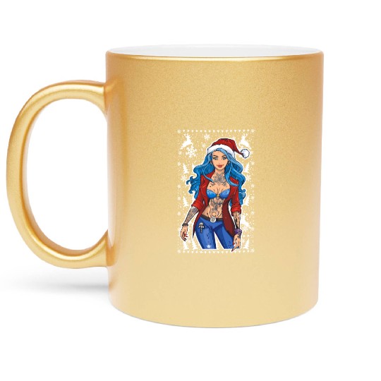 03 Sexy Christmas Woman Blue Hear Deer Tattoos Metallic Mugs