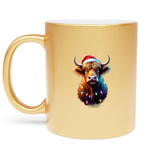 Scottish Highland Cow With Xmas Lights Metallic Mugs