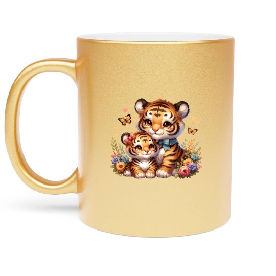 Adorable Tiger Cubs Surrounded by Butterflies and Metallic Mugs