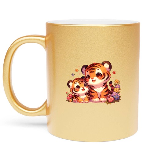 Adorable Tiger Cubs Surrounded By Flowers Metallic Mugs