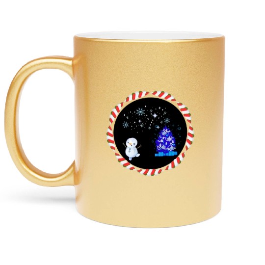 Festive Christmas Illuminated Tree with Snowman Metallic Mugs