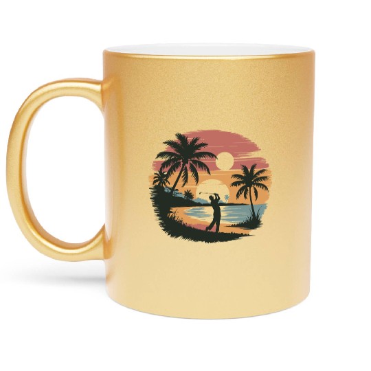 Coastal Golf Silhouette | Seaside Sun and Sports Metallic Mugs