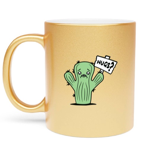 Funny Cactus Sad Face Hugs Sign Lonely Cry Comic Metallic Mugs